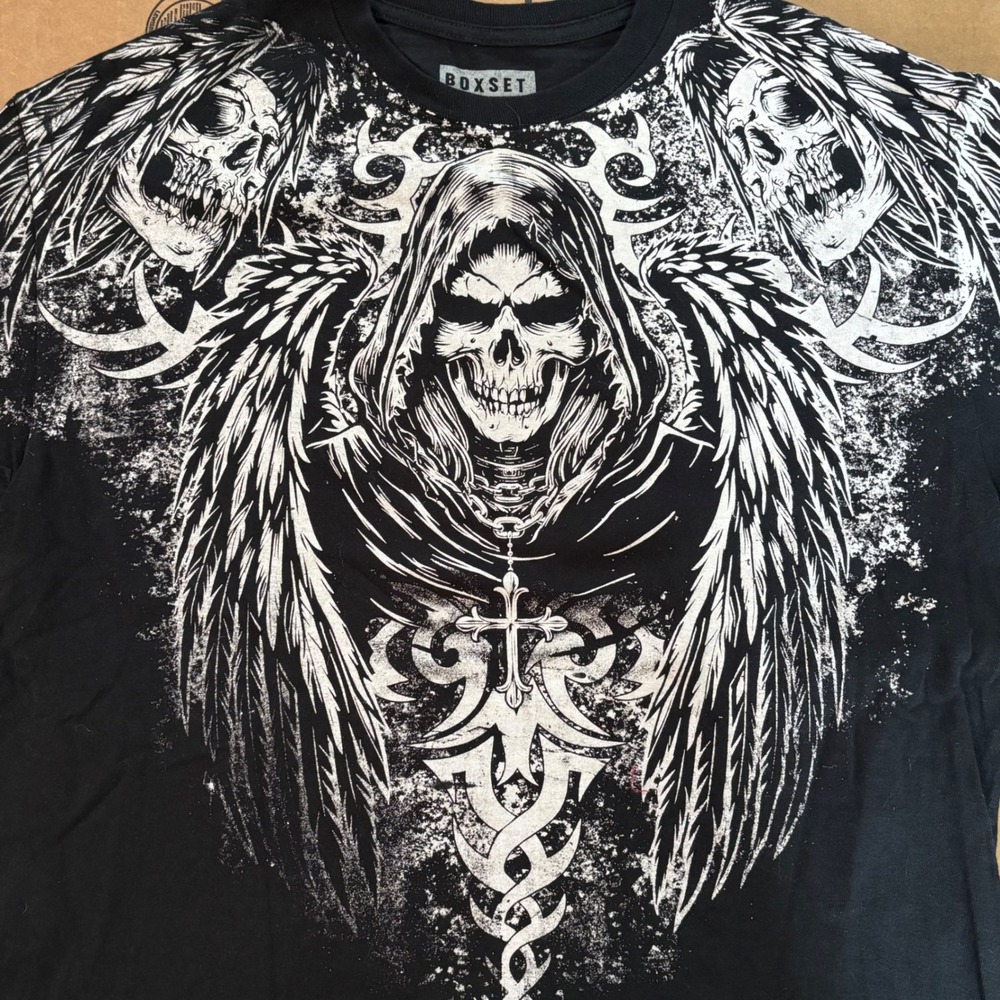 Boxset Grim Reaper Skull Graphic T Shirt Mens Large Black Y2k Winged Cross